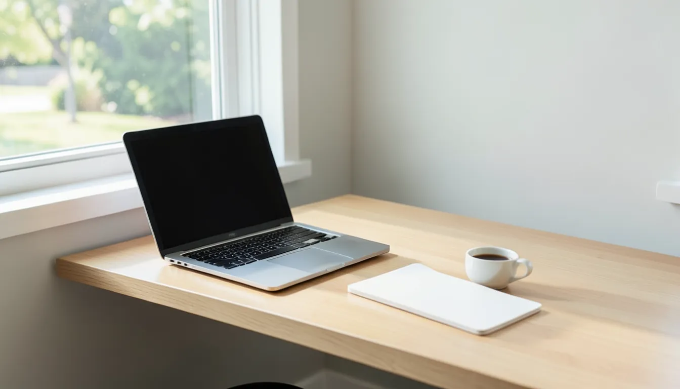 Laptop with a blank dark screen next to a closed notebook and a cup of coffee near a window, researching a job opportunity carefully
