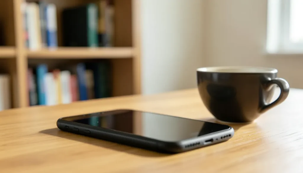 Smartphone lying face down next to a cup of coffee on a wooden table, taking a pause before responding to a suspicious job offer text