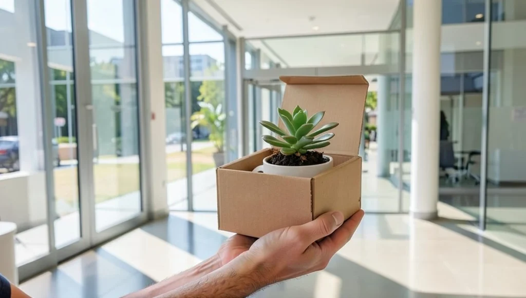 Hands holding a small cardboard box with a succulent plant and a coffee mug while leaving a bright office lobby after a layoff