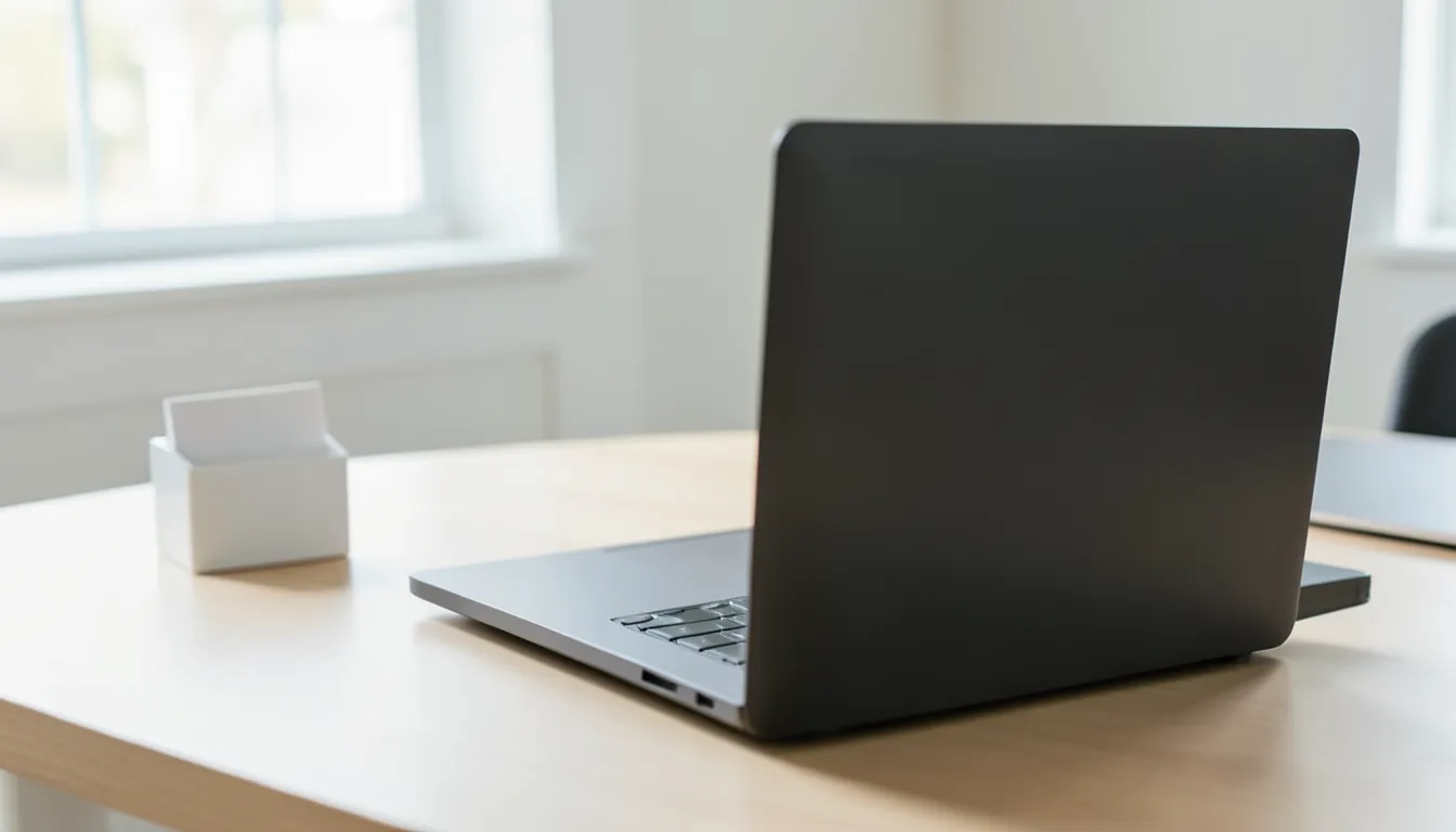 Back view of a closed plain black laptop next to a small card holder on a home office desk