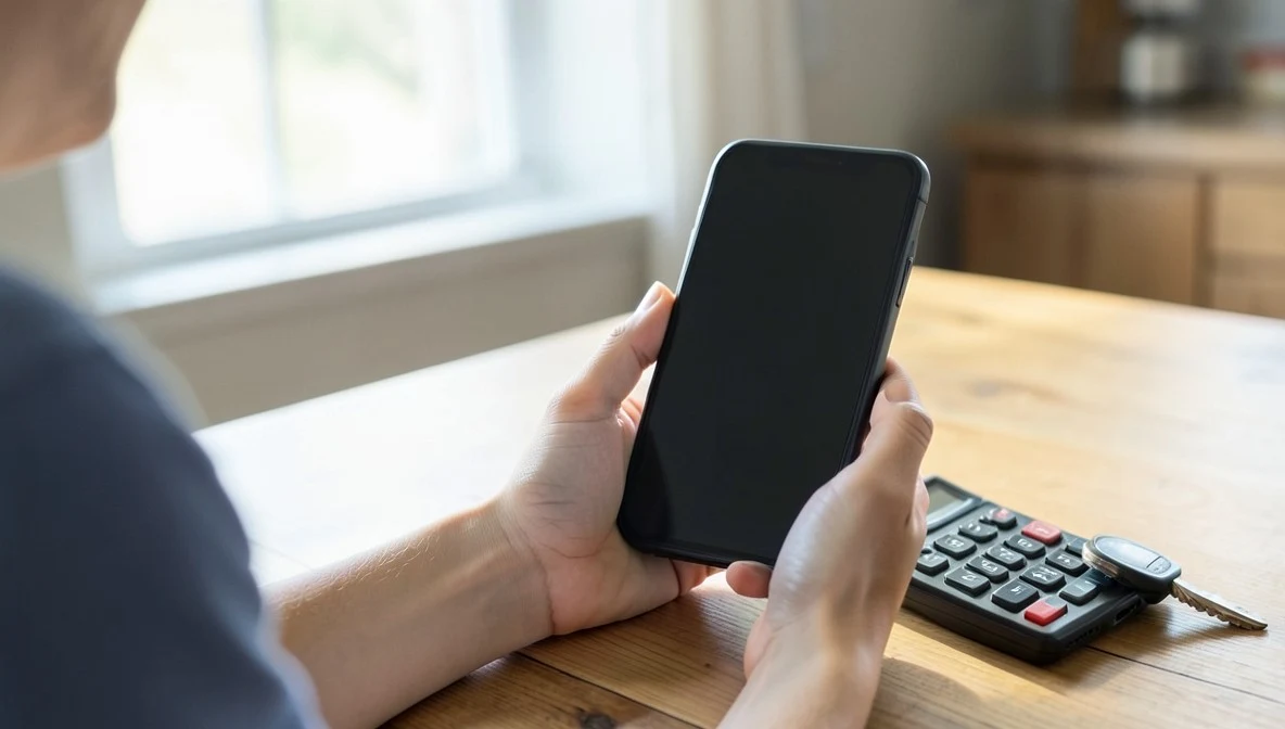Close-up of hands holding a smartphone with a blank screen next to a calculator and a car key on a wooden table