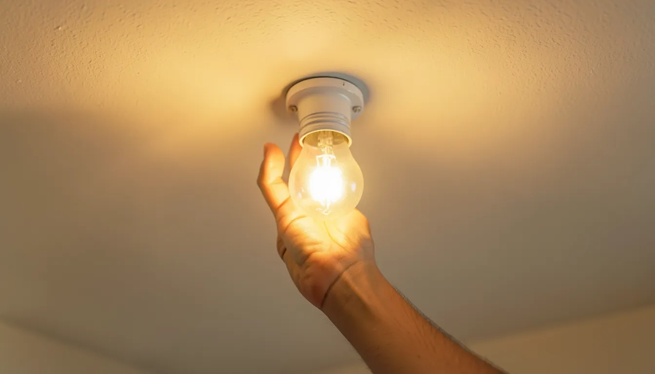 Hand installing an energy efficient LED light bulb into a ceiling fixture
