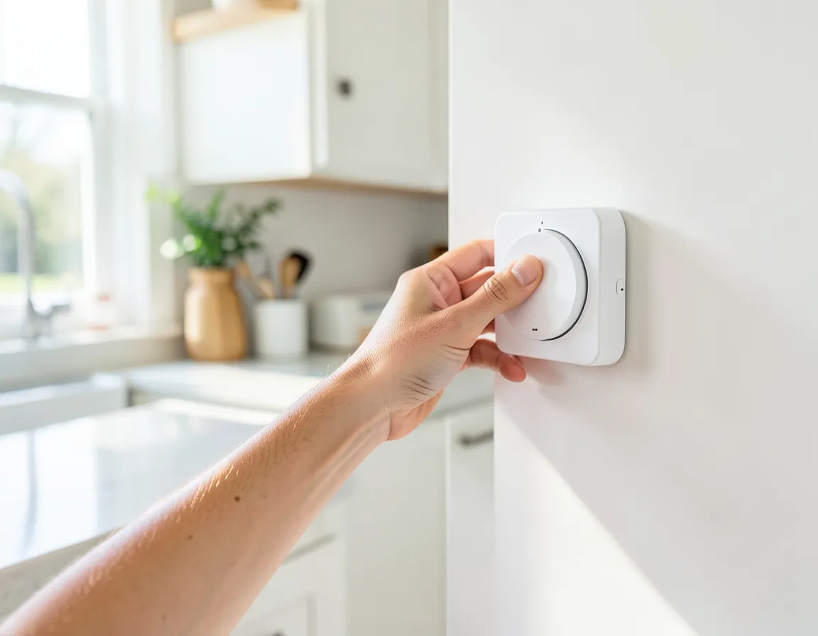 Person adjusting a wall-mounted smart thermostat in a bright kitchen