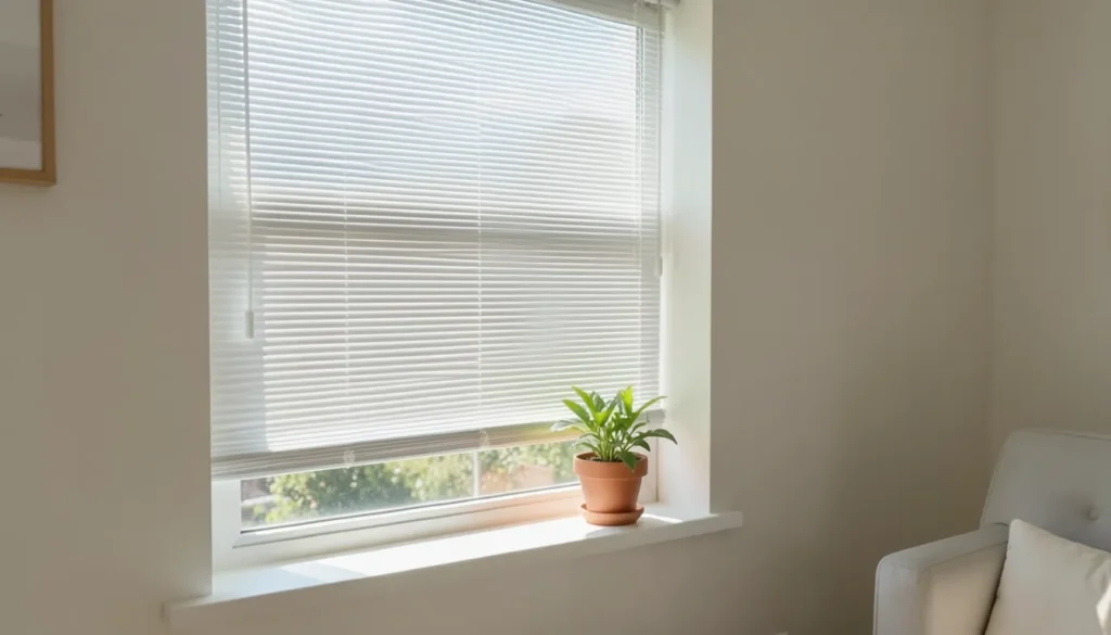 Bright living room window with white blinds partially closed to block summer heat