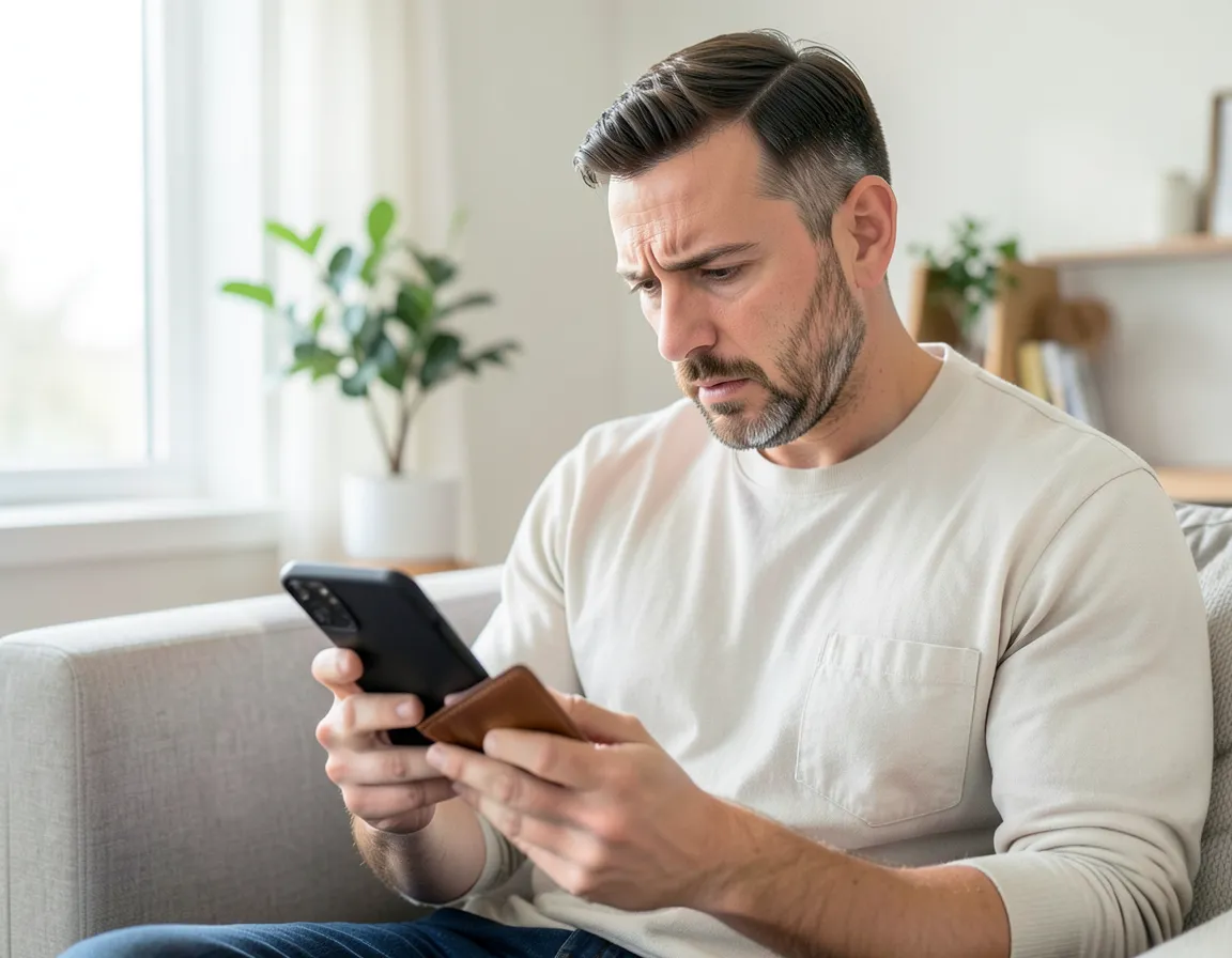 Man looking concerned while checking his phone and wallet at home