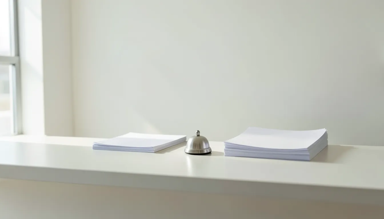 Empty hospital billing office reception counter with a small bell and neat stacks of blank paper