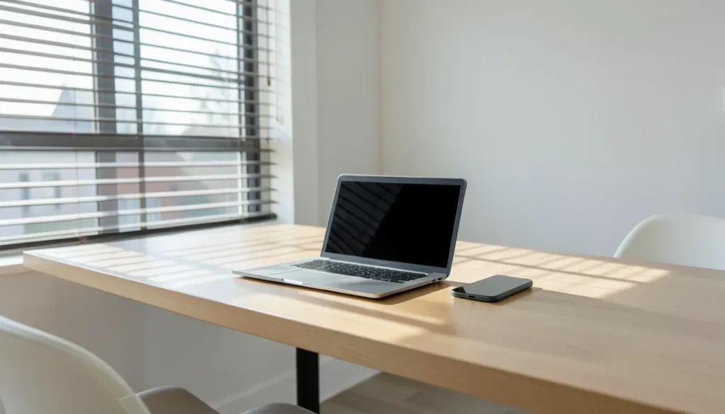 Empty home office desk with a laptop showing a blank dark screen and a smartphone, near a window with blinds