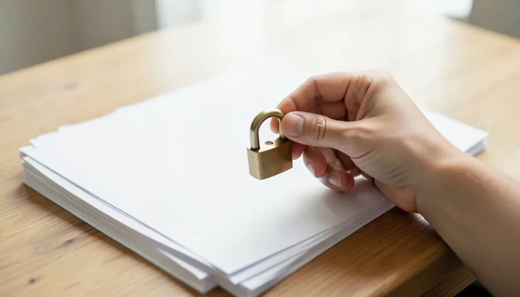 Hand holding a small padlock over a stack of blank papers on a wooden desk, representing freezing your credit