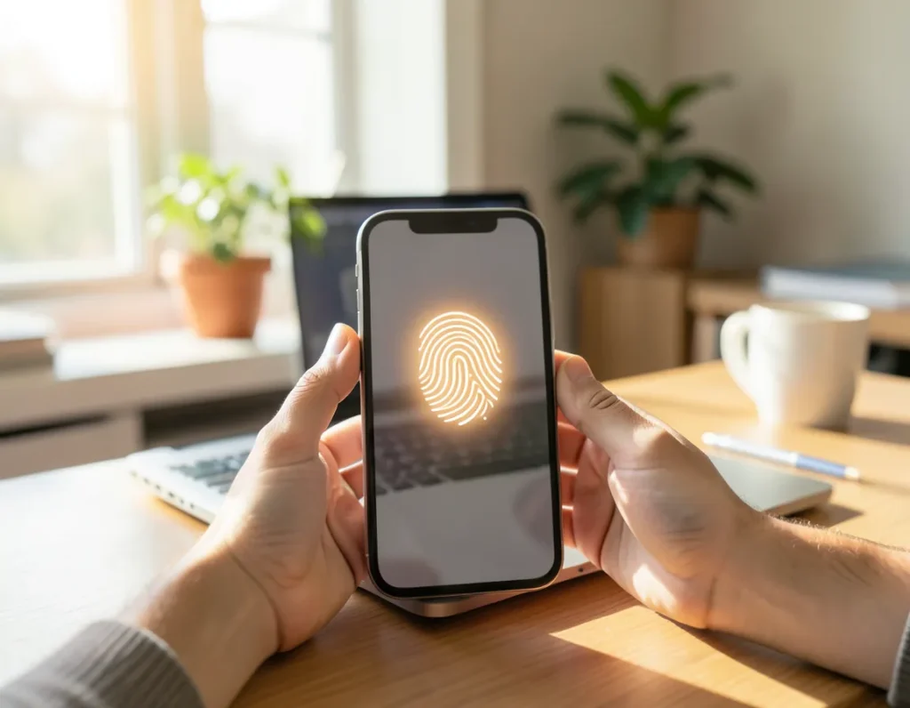 Hand holding a smartphone with a glowing fingerprint icon next to a laptop, representing passwordless login with passkeys