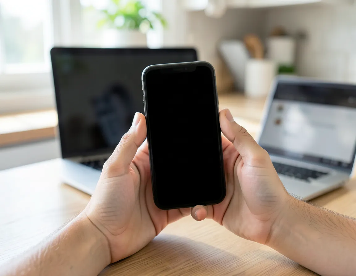 Hands holding a smartphone with a blank dark screen at a kitchen table next to an open laptop, everyday passwordless login setup
