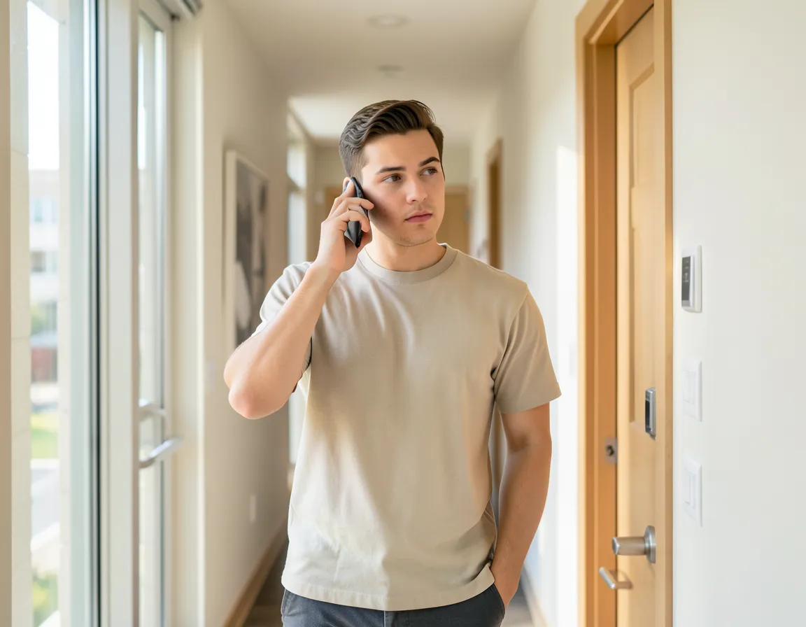 Man standing in an apartment hallway on a phone call, looking cautious
