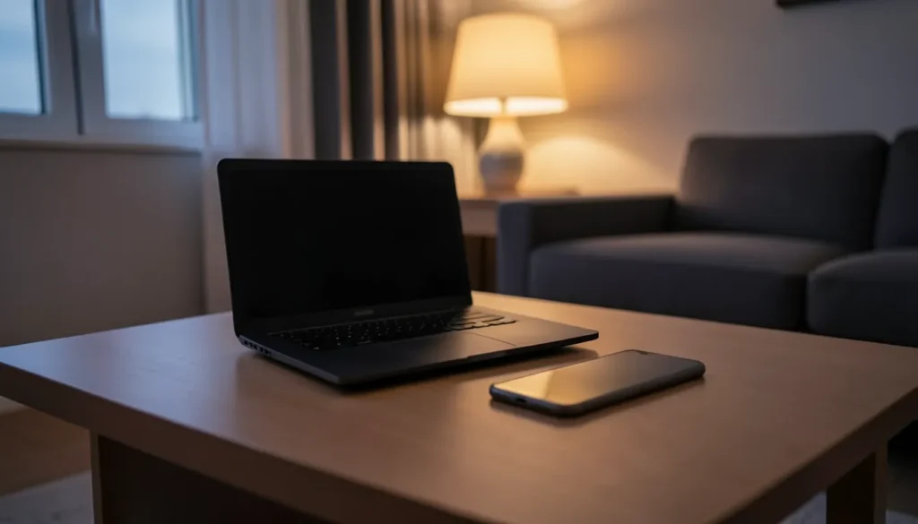 Closed laptop and a smartphone resting on a coffee table in a dim living room at dusk