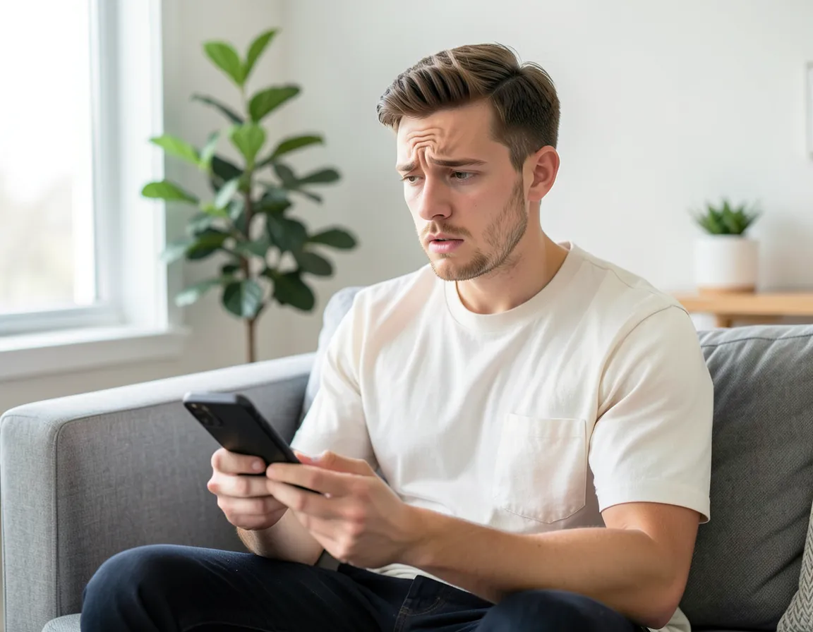 Young man on a couch looking concerned while reading a message on his phone
