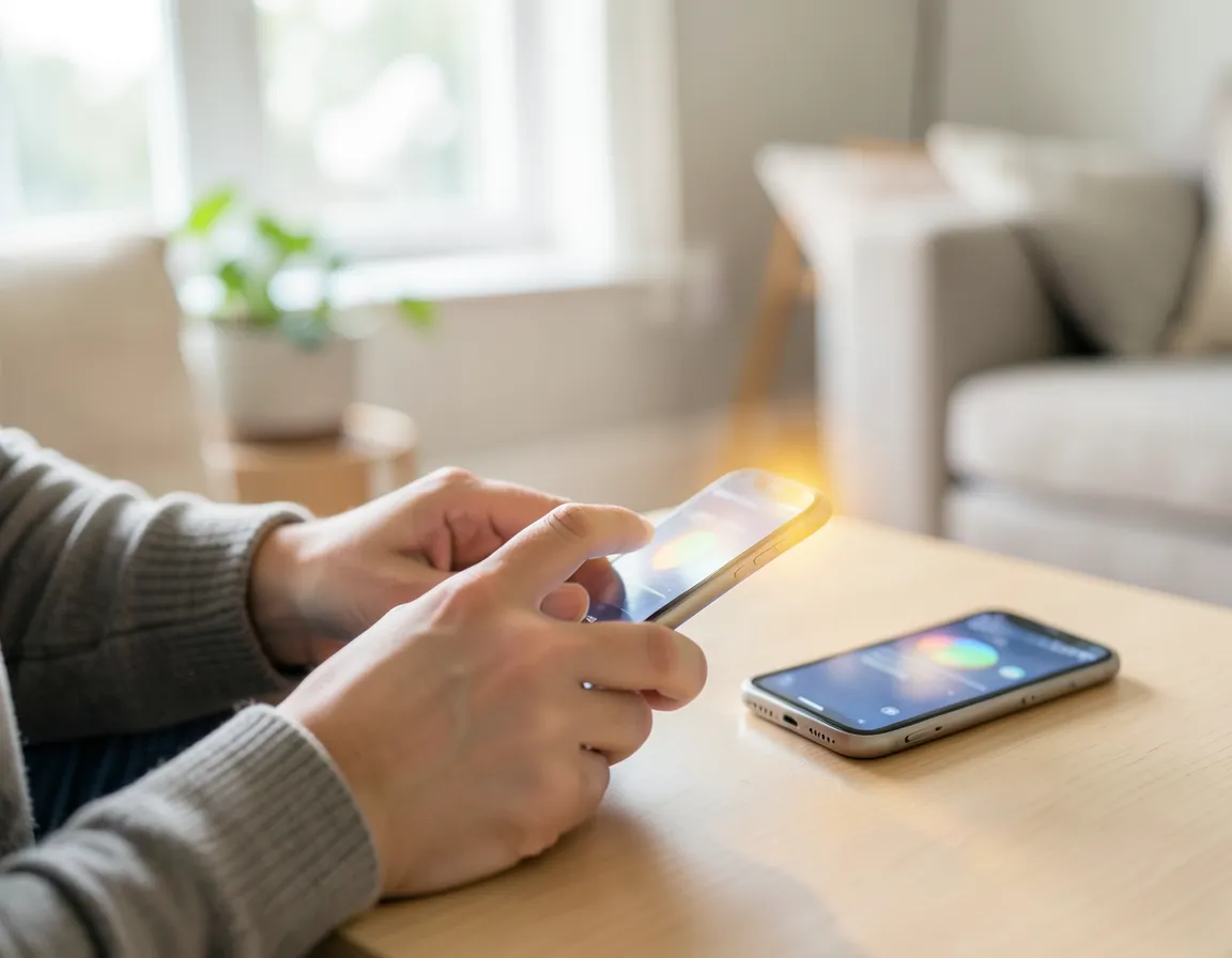 Man checking his phone next to another phone displaying a chat notification on a coffee table