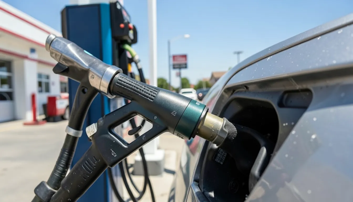 Close-up of a fuel nozzle in a car gas tank at a gas station, illustrating gas cash-back rewards