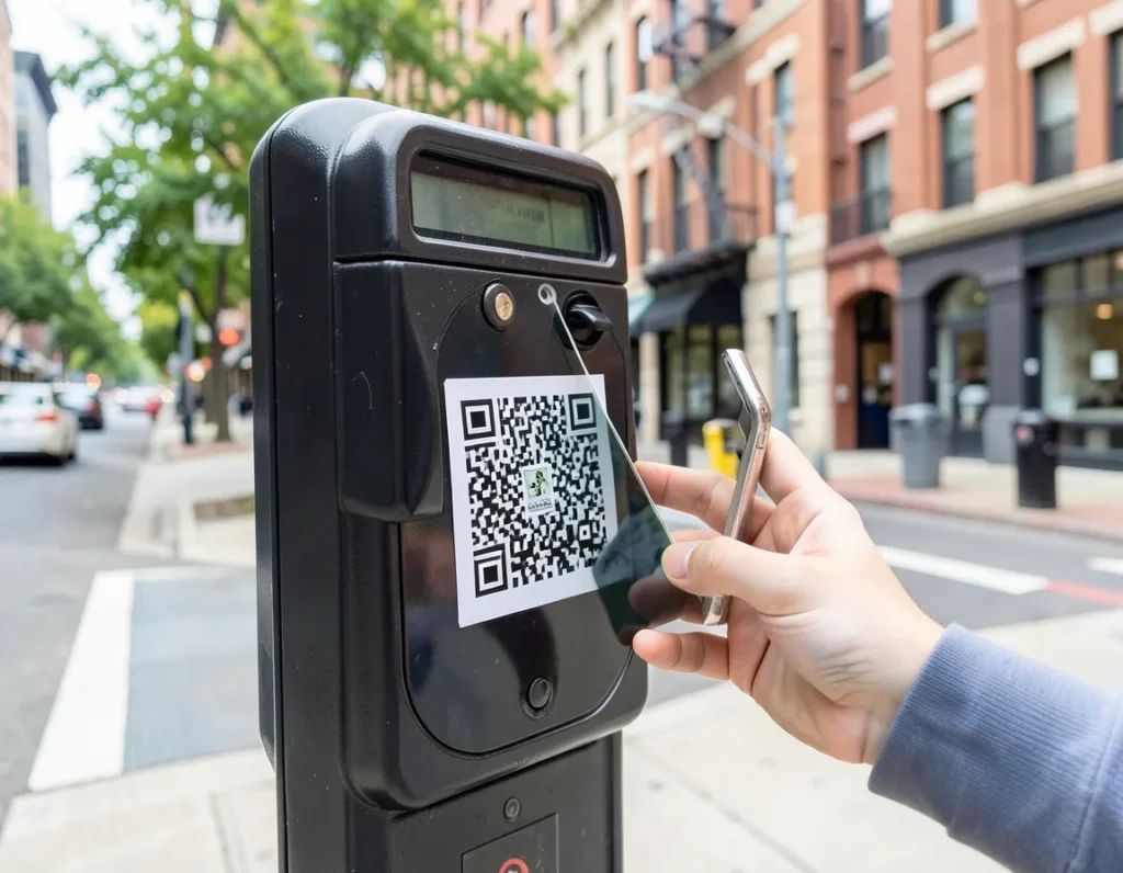 Hand holding a smartphone to scan a QR code sticker on a parking meter, illustrating a common QR code scam setup