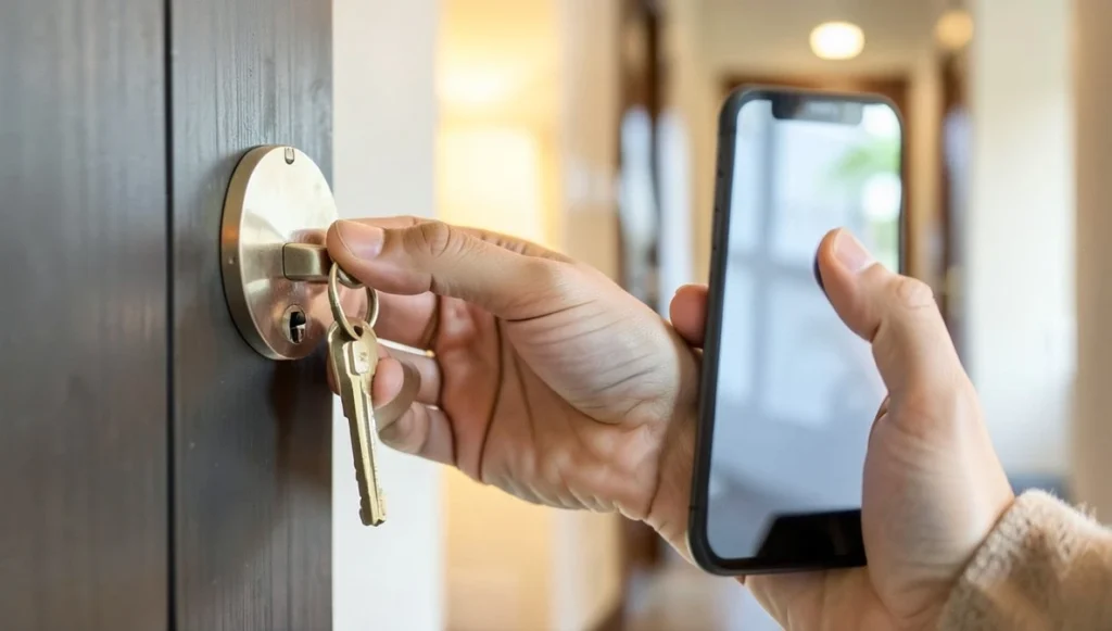 Renter holding a set of house keys and a smartphone while unlocking their apartment door in the evening