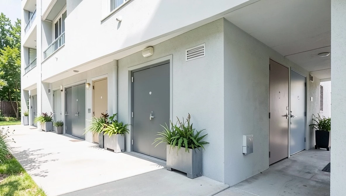 Exterior of a modern American apartment complex with a row of unit doors along a covered walkway