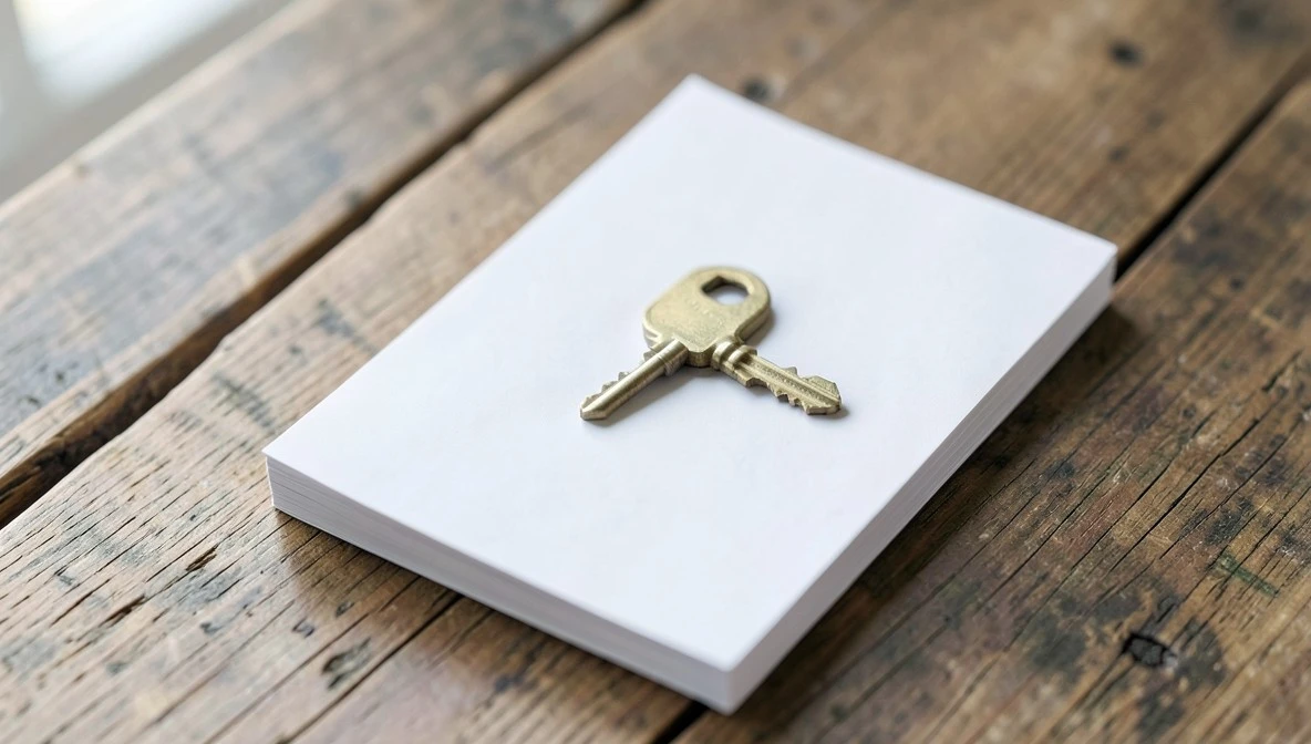 Top-down view of a single house key resting on a stack of blank white paper on a rustic wooden desk