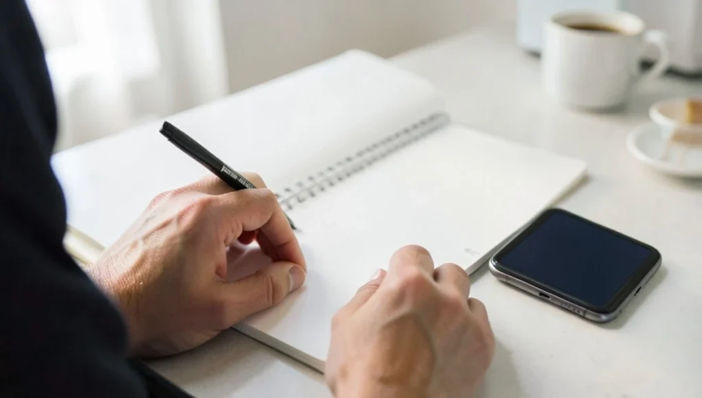 Close-up of hands holding a pen over a blank notebook next to a smartphone with a dark screen, preparing to document a payment app scam report