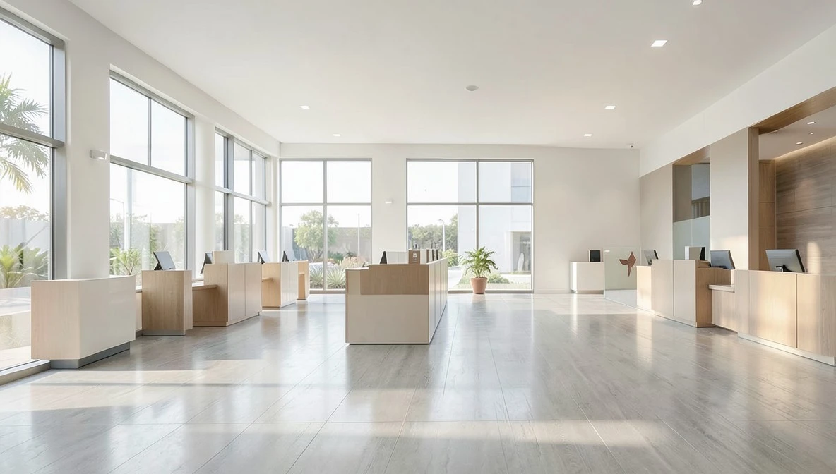 Empty modern bank branch lobby with teller counters and soft afternoon light, illustrating where to start a fraud dispute