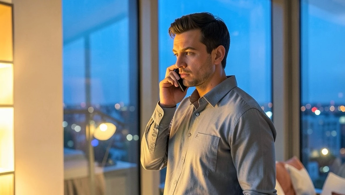 Man standing by a window at dusk on a phone call, illustrating reporting a payment app scam to a bank fraud line