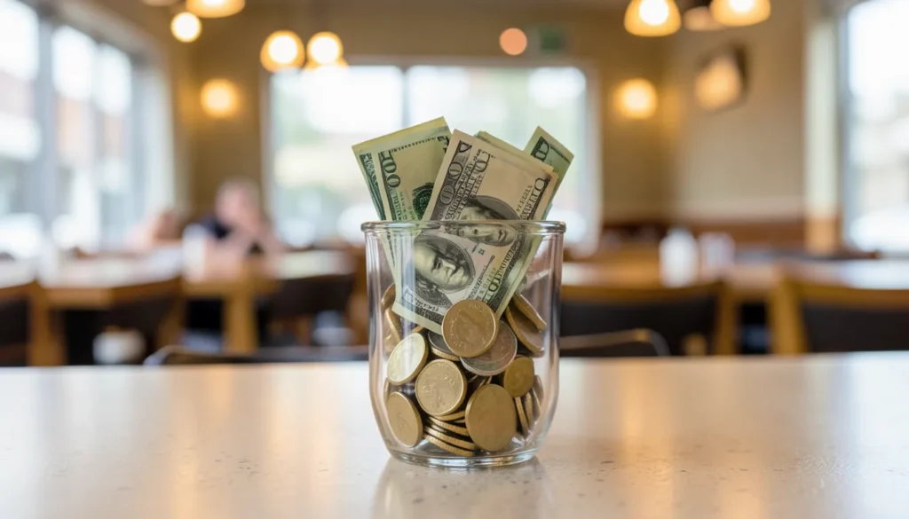 Glass tip jar filled with cash and coins on a restaurant counter