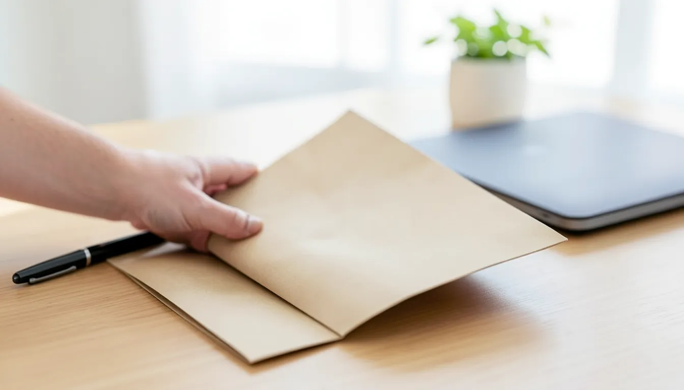 Close-up of a hand closing a folder next to a pen and a closed laptop while preparing a resume