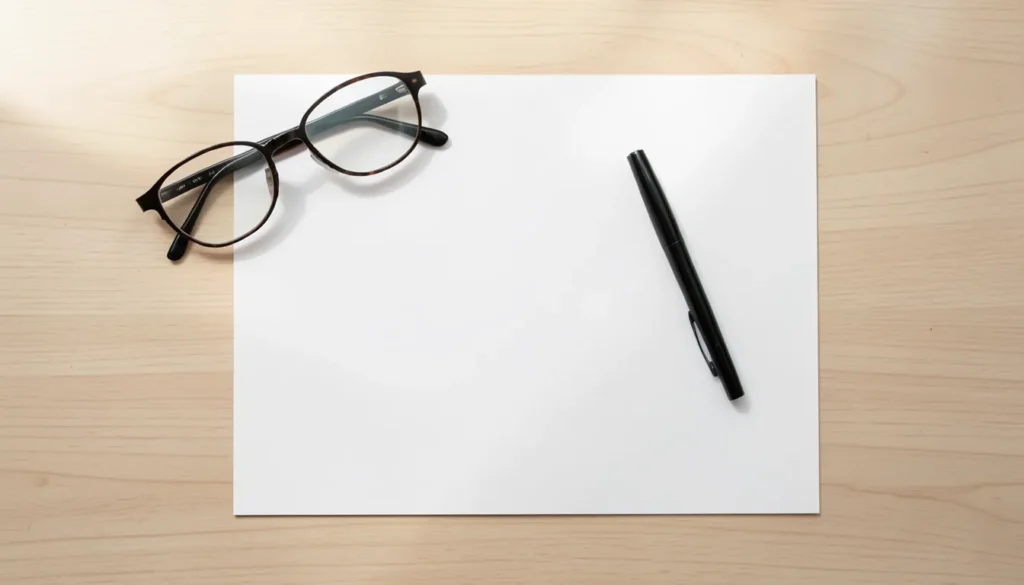 Overhead view of a printed resume, reading glasses, and a pen on a light wooden desk, prepared for AI resume screening