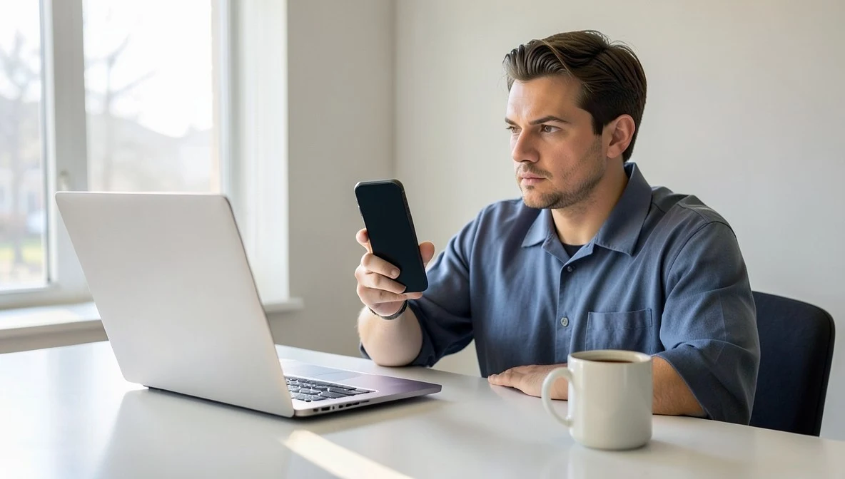 Man sitting at a clean desk holding a smartphone with a blank screen next to a closed laptop and a cup of coffee
