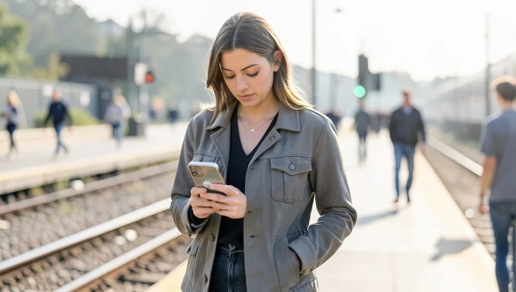Woman checking a blurred budgeting app on her phone while standing on a train platform in the morning