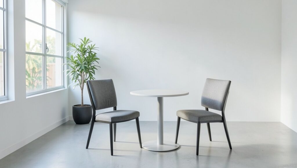 Empty modern office meeting room with two chairs facing each other across a small round table, representing a calm space for a salary negotiation conversation