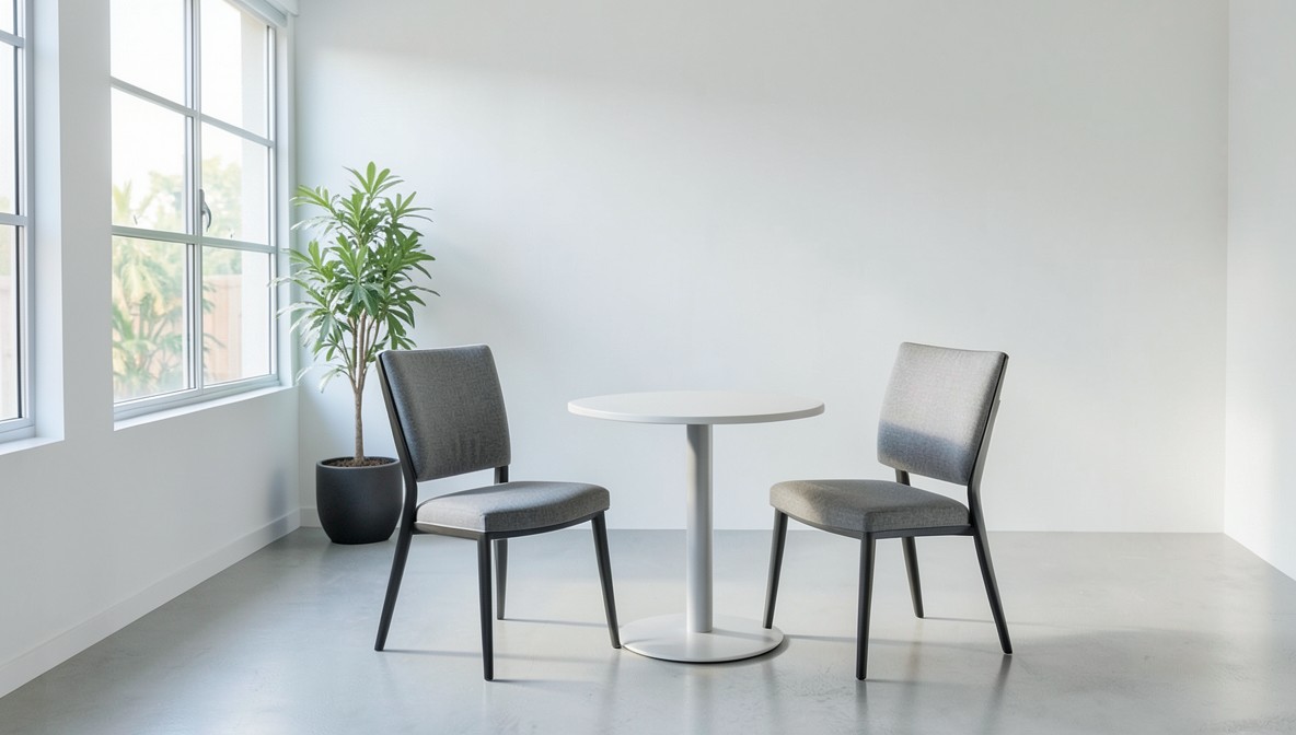 Empty modern office meeting room with two chairs facing each other across a small round table, representing a calm space for a salary negotiation conversation