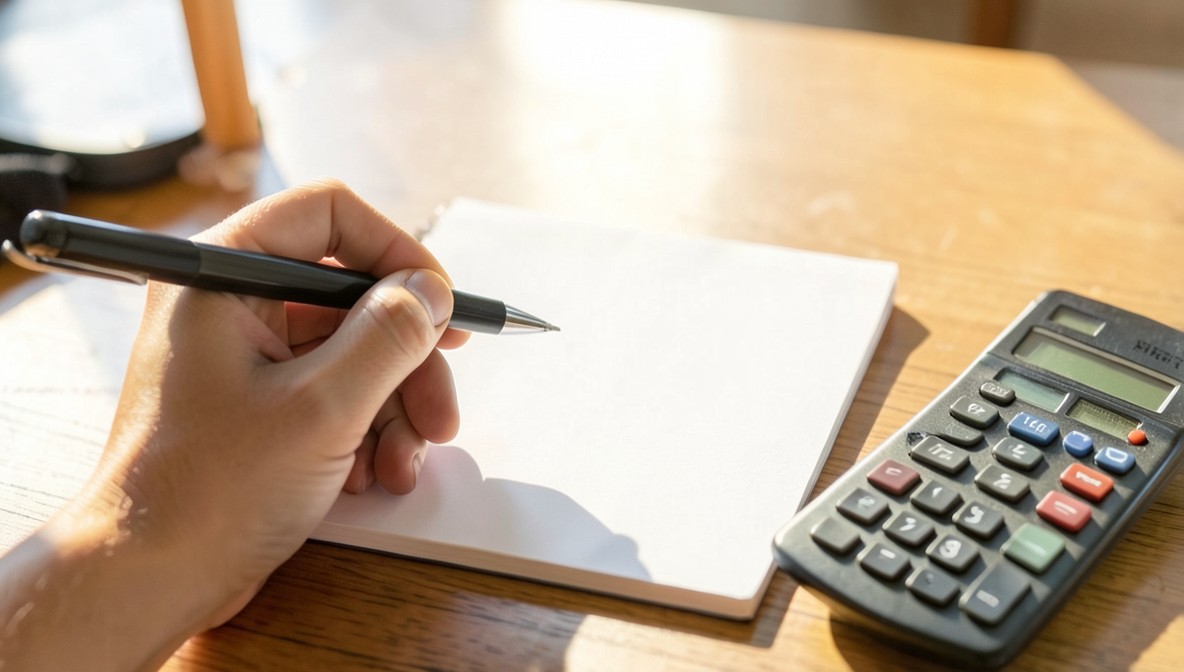 Close-up of a hand holding a pen over a blank notepad next to a calculator on a wooden desk, representing preparing salary negotiation talking points