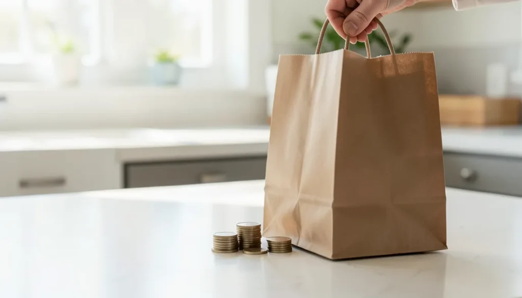 Hand holding a paper shopping bag next to a small stack of coins on a kitchen counter, representing a buy now pay later purchase