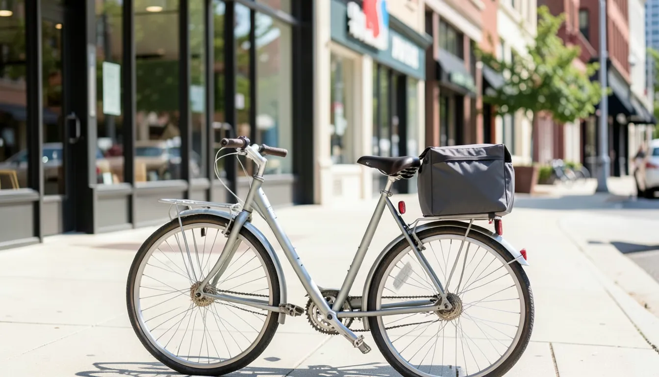 Bicycle with an insulated delivery bag mounted on the rear rack parked on a city sidewalk