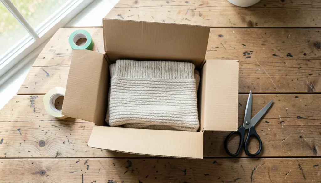 Folded knit scarf packed inside an open shipping box with tape and scissors on a wooden table