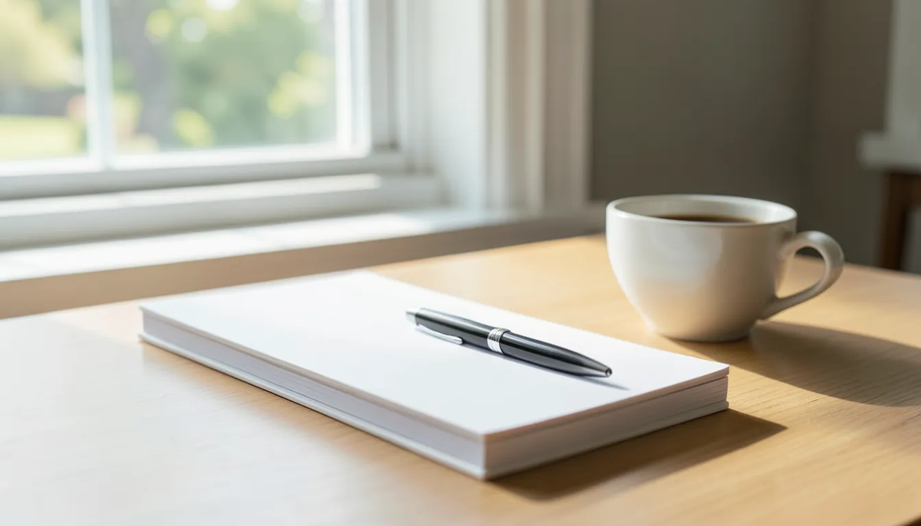 Stack of blank notebooks and a pen next to a coffee cup on a sunlit home desk