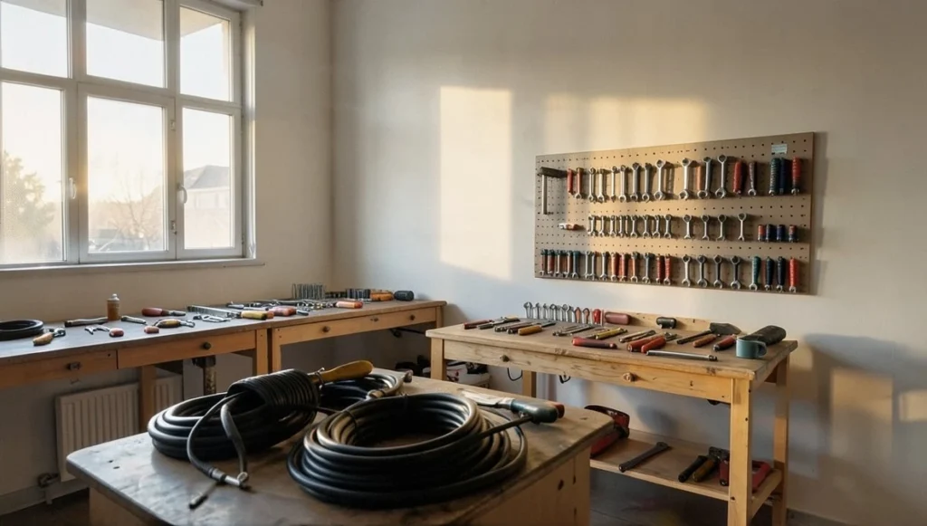 Empty vocational workshop with wooden workbenches, hand tools, and a wall pegboard of wrenches, lit by morning sunlight