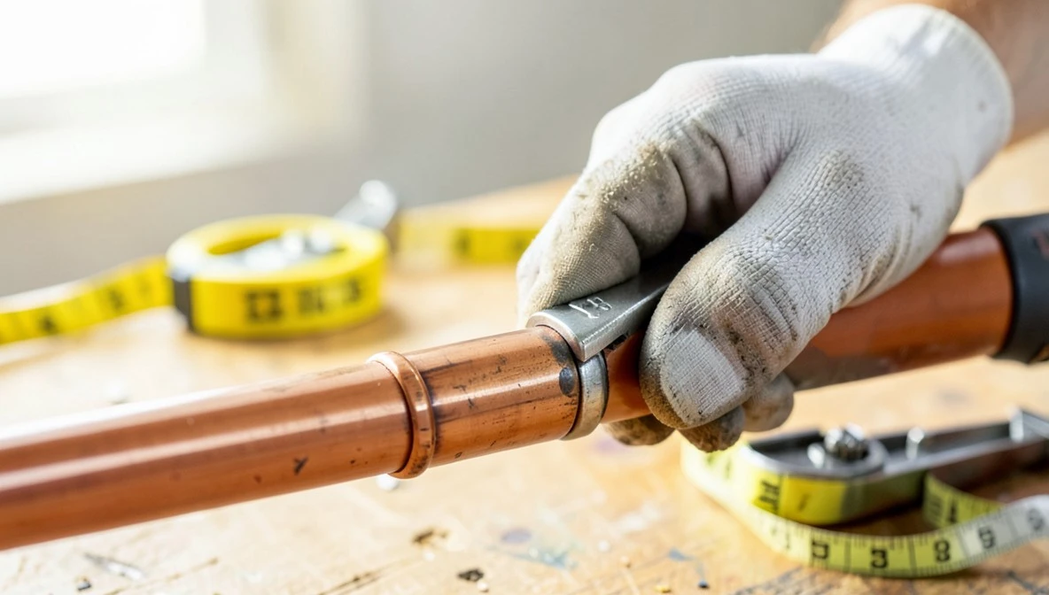 Gloved hand tightening a compression fitting on a copper pipe with a wrench next to a yellow tape measure on a workbench