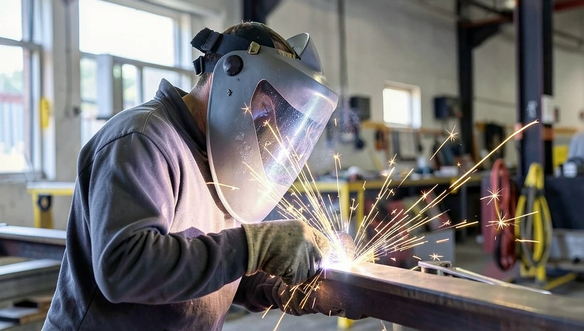 Welding apprentice in a full-face helmet working on a steel beam joint with bright sparks flying in an industrial fabrication shop