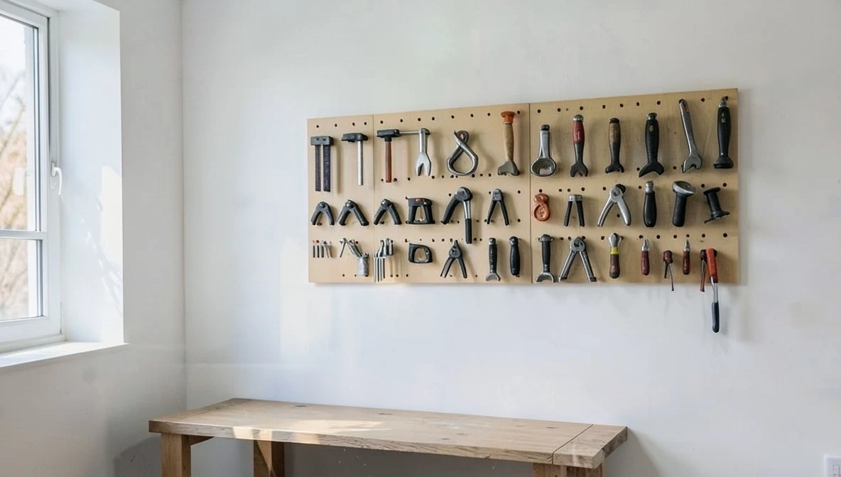 Empty trades workshop wall with hand tools organized on a wooden pegboard above a bare wooden workbench, no people
