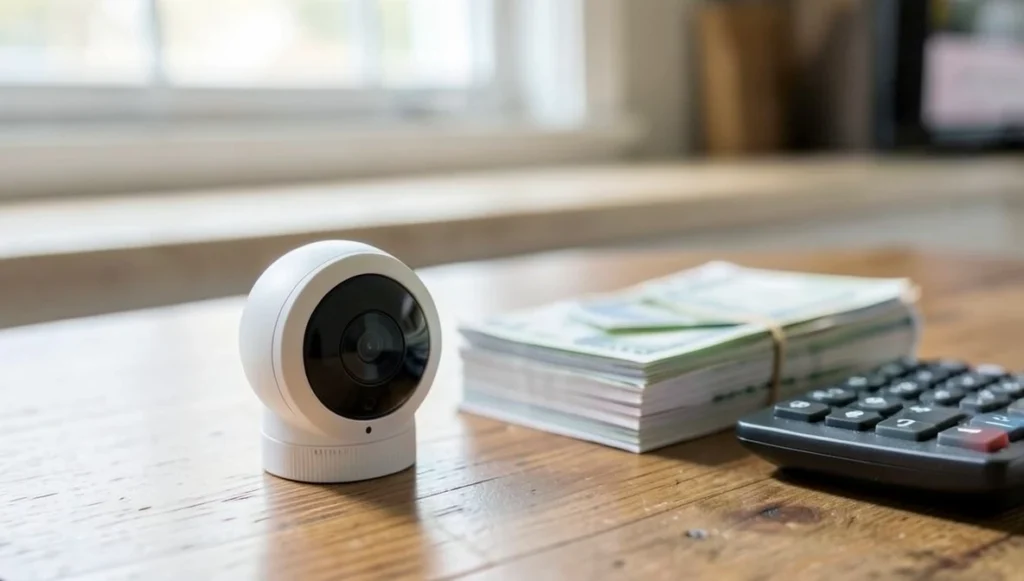 Small home security camera on a wooden table next to a stack of bills and a calculator