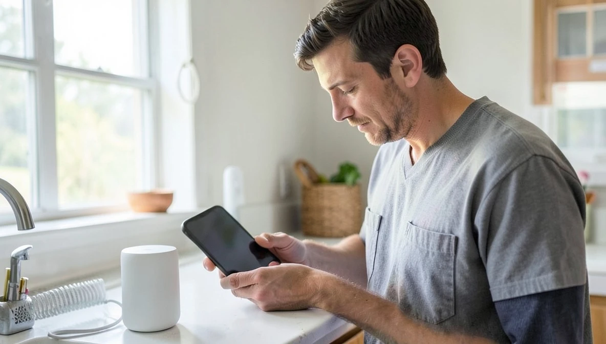 Man checking his phone next to a smart speaker in his kitchen
