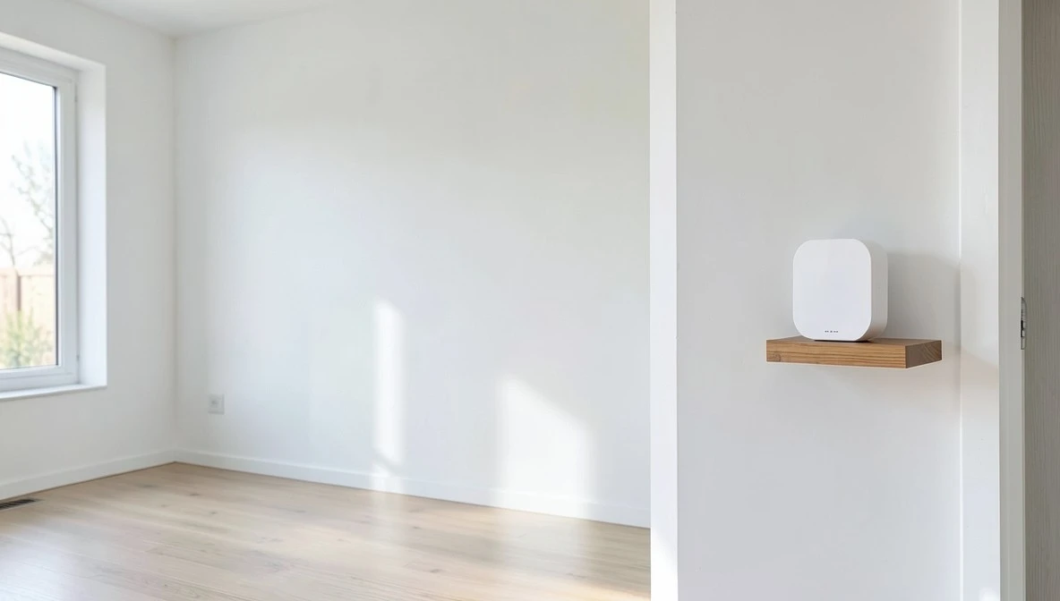 Empty room showing a small unbranded smart home hub mounted on a wall shelf near a doorway