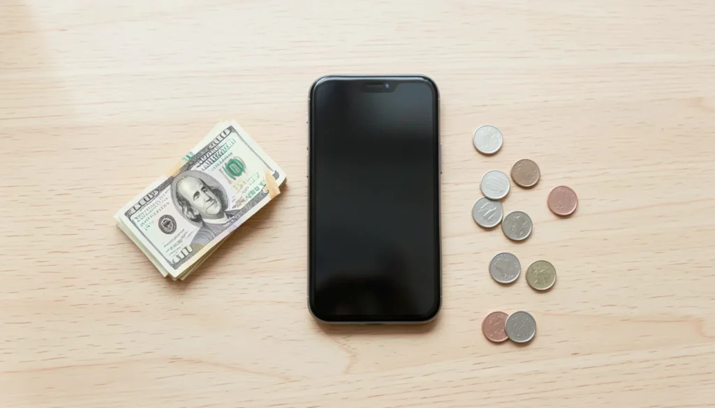 Smartphone lying face down next to folded cash and loose coins on a light wooden table