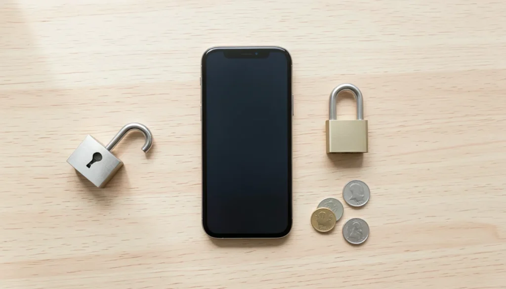 Smartphone with a blank screen next to two padlocks and loose coins on a desk