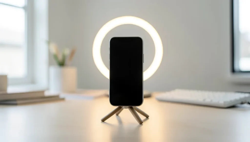 Smartphone on a tripod with a ring light set up for a video job interview