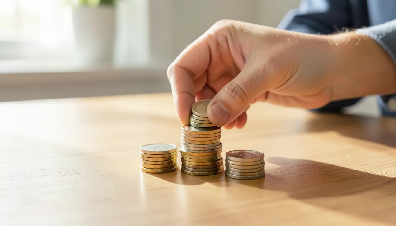 Close-up of a hand stacking coins into separate piles, representing organizing money into budget categories
