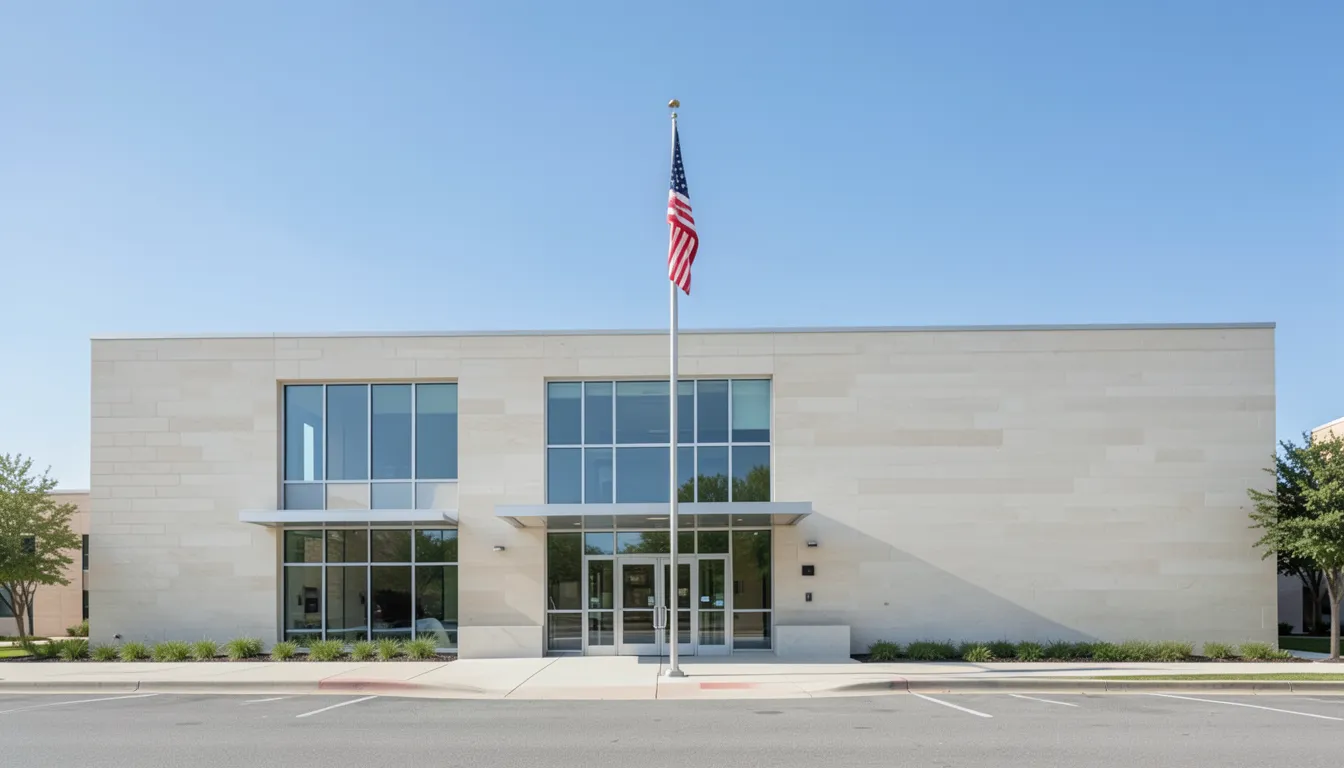 Exterior of a modern state government office building with an American flag, representing where to file for unclaimed money